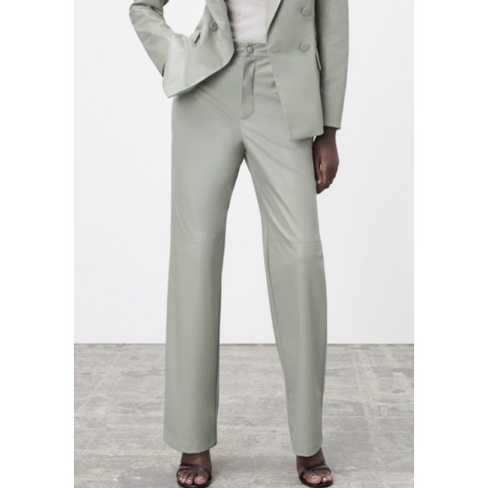 Zara Womens High Rise Faux Vegan Leather Wide Leg Pants Sage Green 2969/241 NEW